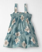 B&eacute;b&eacute; fille - Robe &agrave; smocks en lin avec coton biologique &agrave; motif hibiscus - Bleu, image 5 sur 5 diapositives