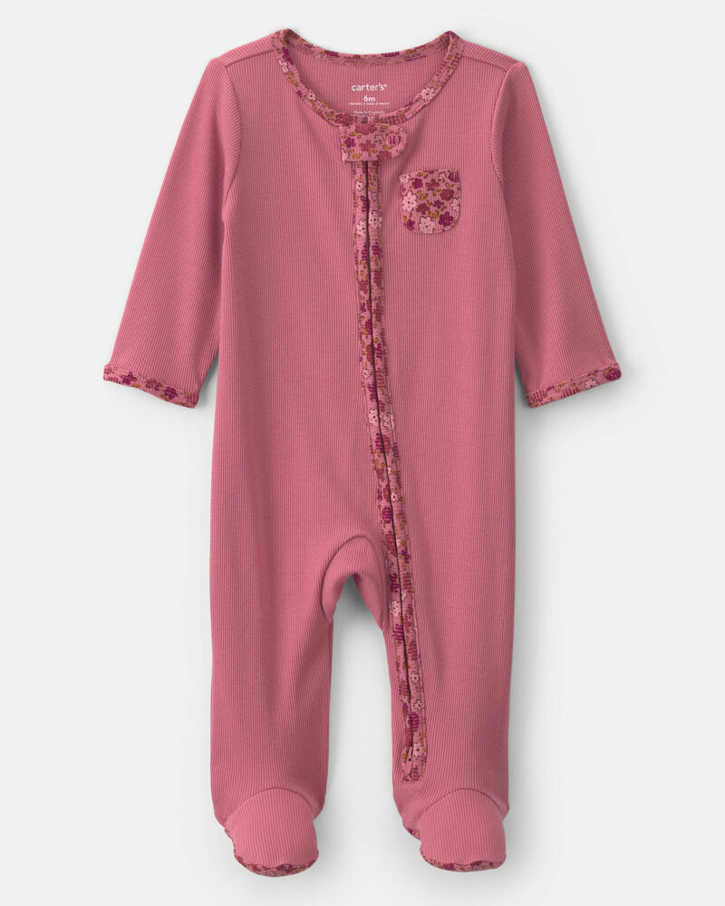 B&eacute;b&eacute; fille - Grenouill&egrave;re en coton avec fermeture &agrave; glissi&egrave;re double sens &agrave; motif floral &ndash; Rose, image 1 sur 4 diapositives