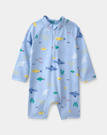 Baby Boy Fish 1-Piece Rashguard Swimsuit - Blue, 