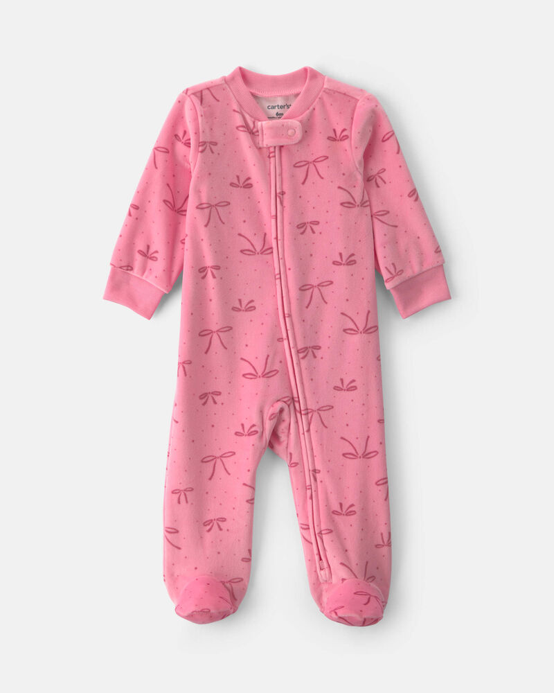 Baby Girl Bow Fleece 2-Way Zip Sleep & Play Pyjamas - Pink, image 1 of 5 slides