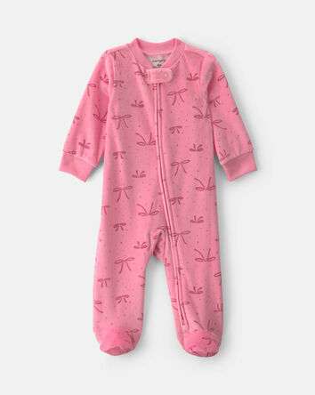 Baby Girl Bow Fleece 2-Way Zip Sleep & Play Pyjamas - Pink, 