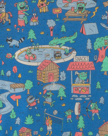 Boys 2-Piece 100% Cotton 'Monster Summer Camp' Pyjama Set - Blue, 