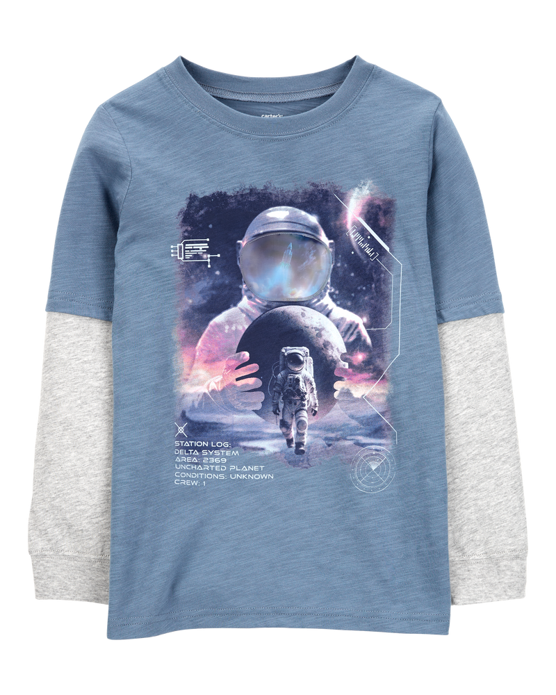 Kid Astronaut Cotton Blend Long-Sleeve Tee - Blue, image 3 of 4 slides