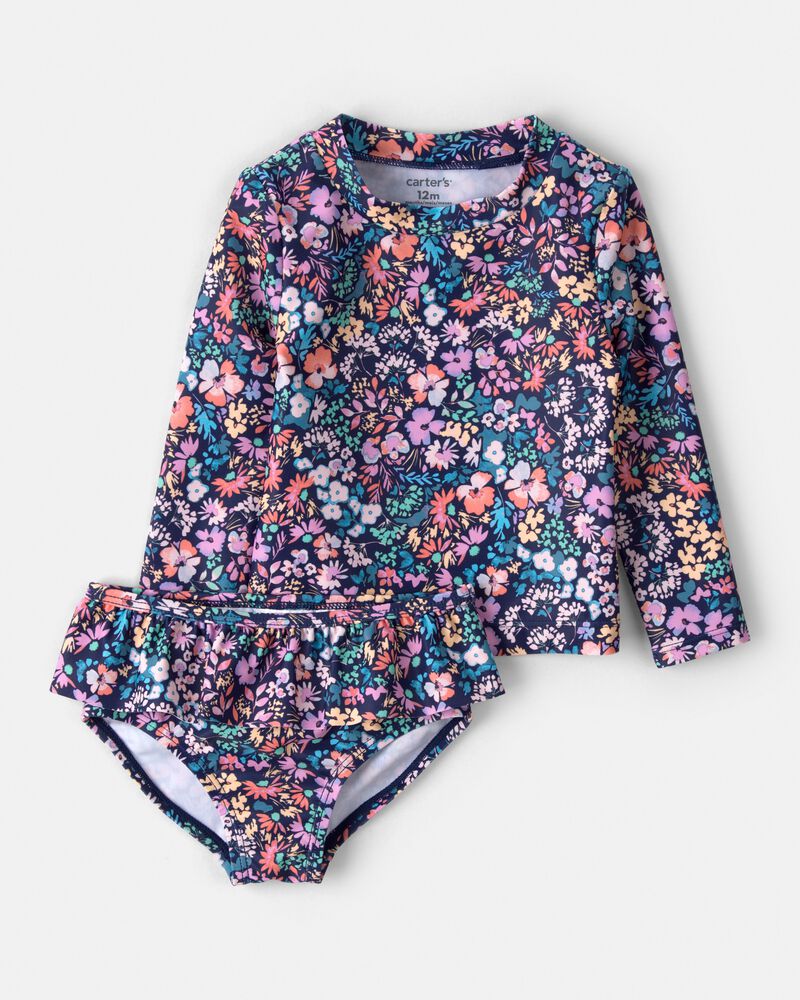 Baby Girl 2-Piece Floral Long-Sleeve Rashguard Swimsuit Set, image 1 of 4 slides