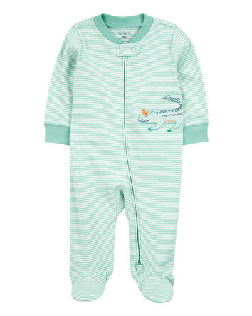 Baby Boy Alligator Striped 2-Way Zip Cotton Sleeper Pyjamas - Green, 