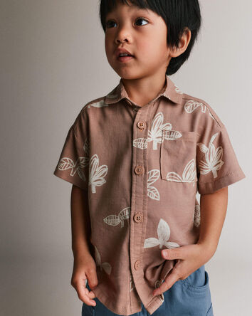 Toddler Boy Button-Down Short-Sleeve Shirt in Plant Print - Brown, 