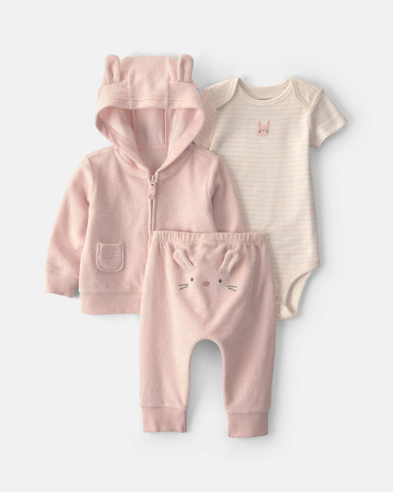 B&eacute;b&eacute; fille - Ensemble 3 pi&egrave;ces &agrave; superposer, haut &agrave; manches courtes en tissu &eacute;ponge &agrave; motif lapin - Rose, image 1 sur 5 diapositives