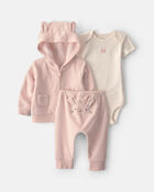 B&eacute;b&eacute; fille - Ensemble 3 pi&egrave;ces &agrave; superposer, haut &agrave; manches courtes en tissu &eacute;ponge &agrave; motif lapin - Rose, image 1 sur 5 diapositives