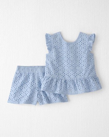 Tout-petit fille - Ensemble 2 pi&egrave;ces haut et short en coton biologique, bleu en tissu ajour&eacute;, 