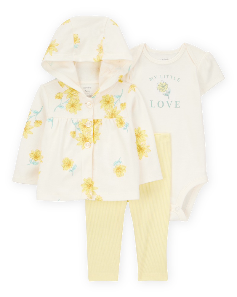Bébé Ensemble 3 pièces haut à capuchon et pantalon à fleurs - Jaune/Ivoire, image 1 sur 4 diapositives