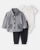 Baby Boy 3-Piece Quilted Button-Down Outfit Set - Grey/Black, image 1 of 5 slides