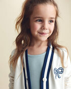 Girls Bow French Terry Cardigan Sweater - Cream, image 4 of 6 slides