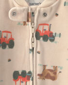 Baby Boy Tractor 2-Way Zip Fleece Sleeper - Brown, image 3 of 5 slides