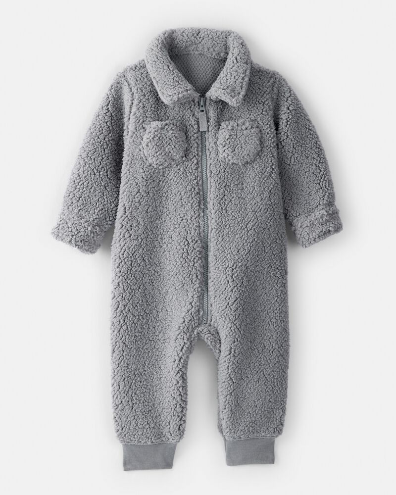 Baby Boy Sherpa Pocket Zip-Up Jumpsuit - Grey, image 1 of 3 slides