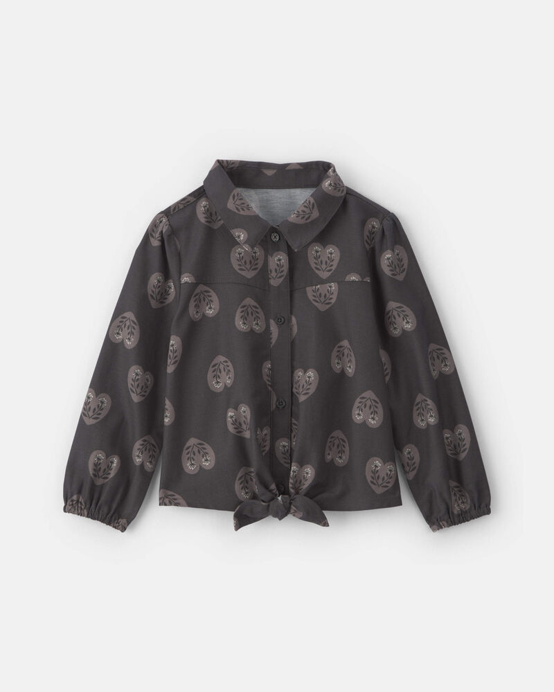 Girls Toddler Girl Heart Twill Long-Sleeve Tie Top - Black, image 1 of 3 slides