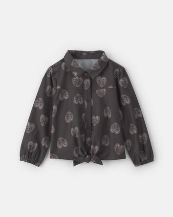 Girls Toddler Girl Heart Twill Long-Sleeve Tie Top - Black, 