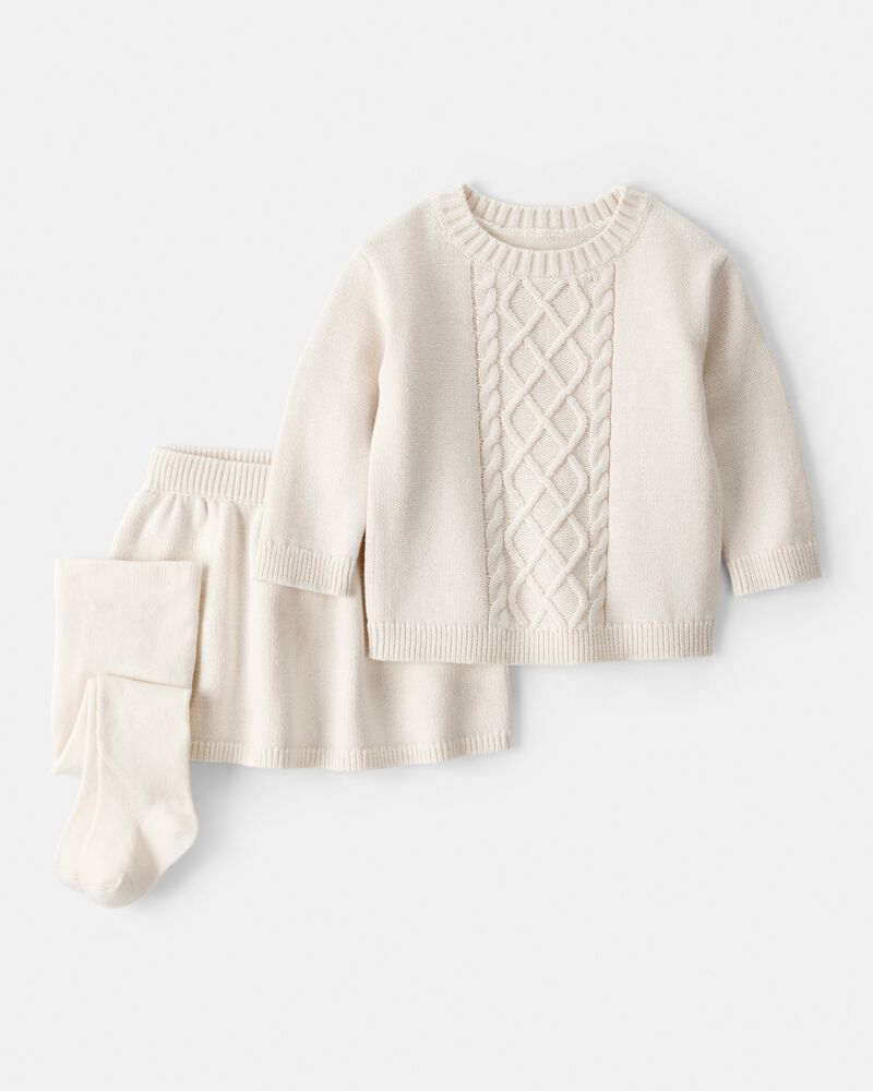 Baby Girl 3-Piece Cableknit Long-Sleeve Top & Skirt Set - Cream, image 1 of 3 slides