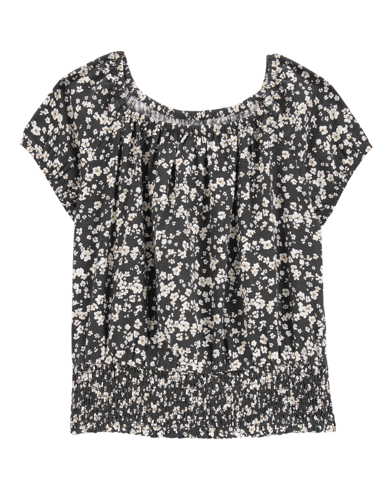 Kid Square Neck Linen Look-alike Floral Top - Black, image 1 of 3 slides