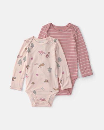Baby Girl 2-Pack Woodland PurelySoft&trade; Long-Sleeve Multipack Bodysuits - Pink, 