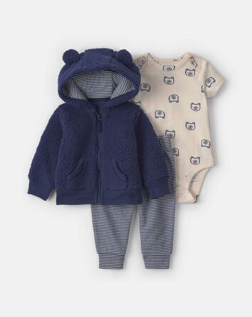 B&eacute;b&eacute; gar&ccedil;on - Ensemble 3 pi&egrave;ces &agrave; superposer en molleton &agrave; motif ourson &ndash; Bleu marine/Cr&egrave;me, 