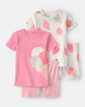 Baby Girl Ice Cream 100% Cotton Short-Sleeve Snug Fit 4-Piece Pyjama Set - Pink/Ivory, 