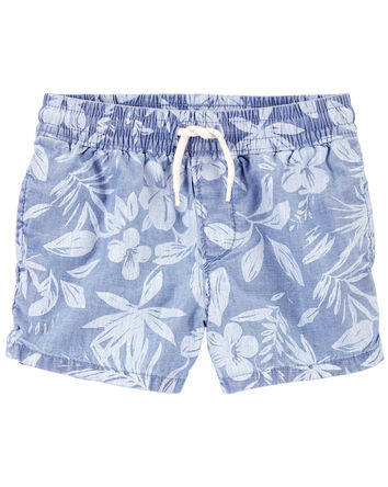 Tropical Print Chambray Drawstring Shorts, 