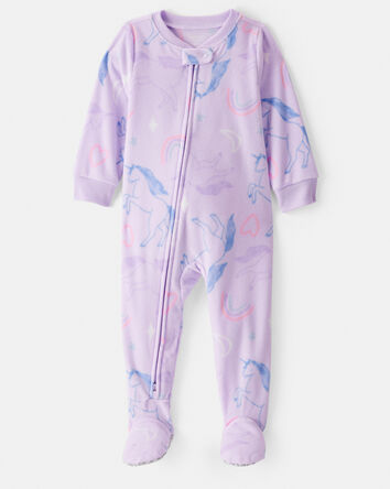 Baby Girl Unicorn Print Loose Fit Long-Sleeve 2-Way Zip 1-Piece pyjamas - Purple, 