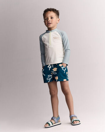 Toddler Boy Swim Trunk in Floral Print - Teal, 