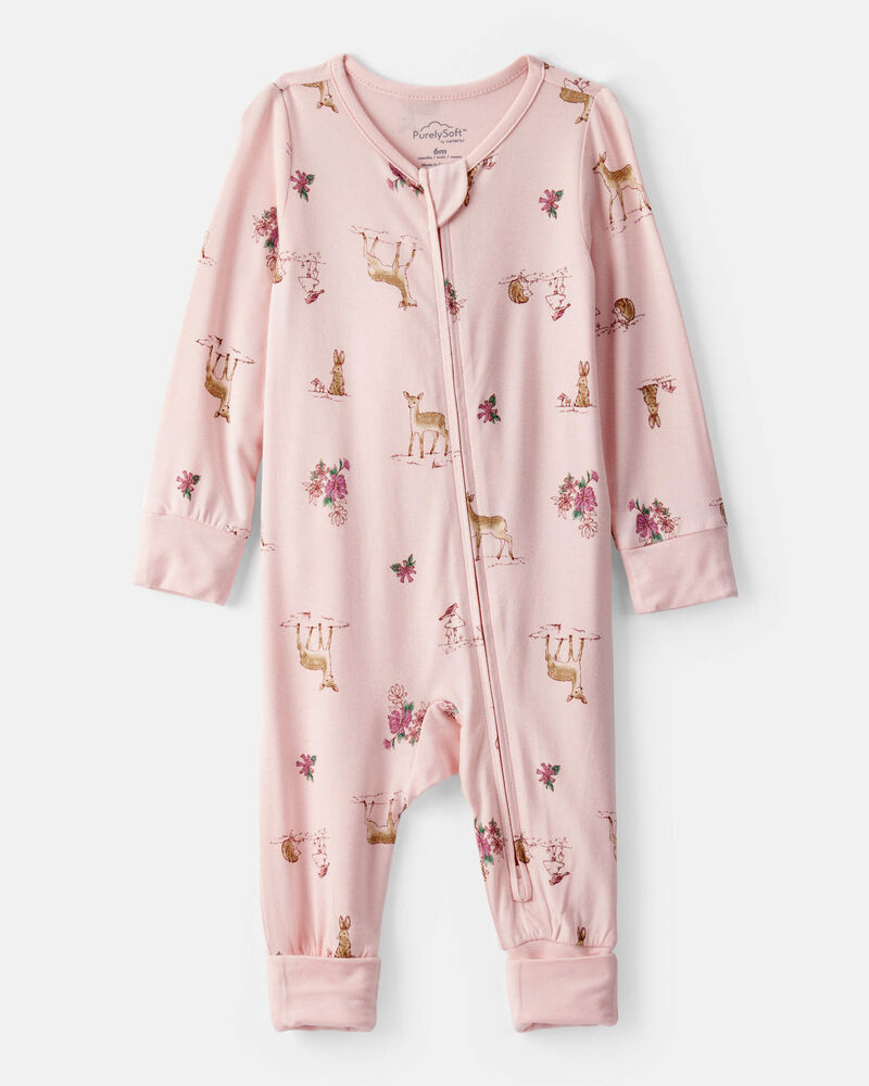 Baby Girl Deer & Floral Print PurelySoft Sleeper - Pink, image 1 of 8 slides