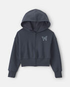 Girls 'Butterfly' Fleece Zip-Up Hoodie - Navy Blue, image 1 of 6 slides