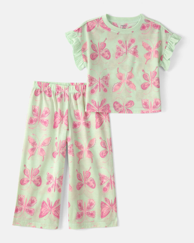 Toddler Girl Butterfly Loose Fit 2-Piece Pyjama Set - Green, image 1 of 3 slides