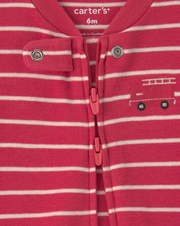 Baby Boy Firetruck Striped 100% Cotton 2-Way Zip Sleeper - Red, 