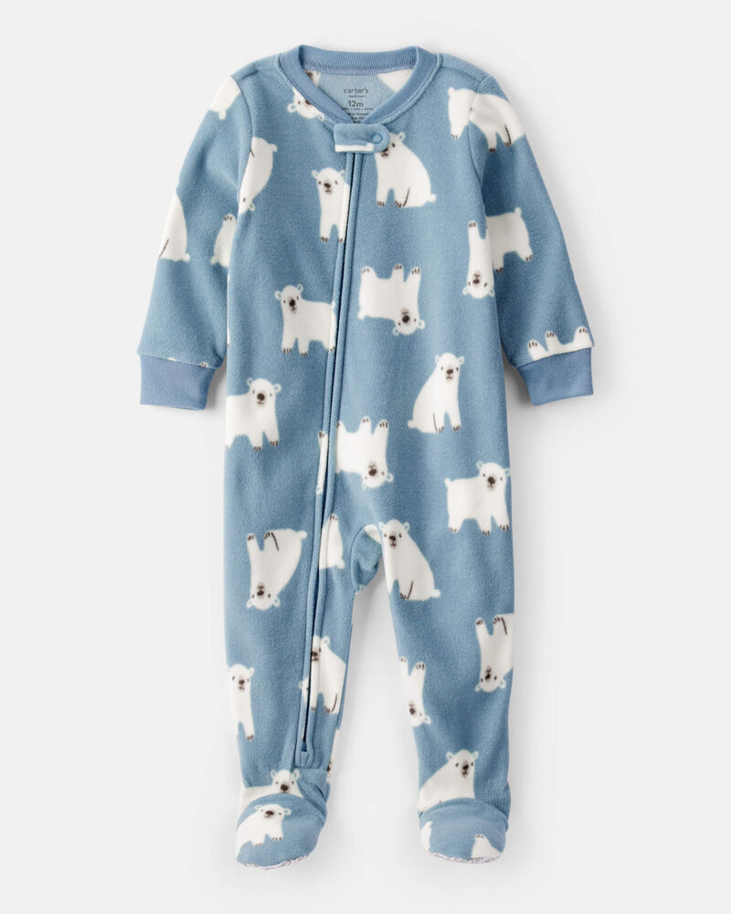 Baby Boy Polar Bear Print Loose Fit Long-Sleeve 2-Way Zip 1-Piece Pyjamas - Blue, image 1 of 4 slides