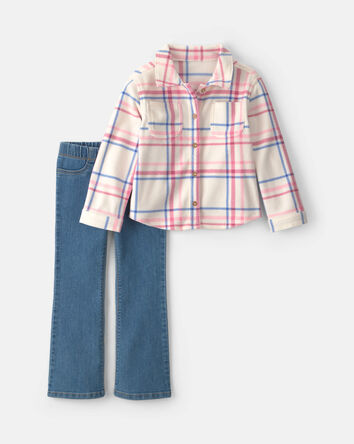 Girls 2-Piece Plaid Fleece Chambray Layering Set, 
