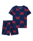 Toddler Crab Print Loose Fit Waffle Knit 2-Piece Pyjamas - Navy, image 1 of 3 slides