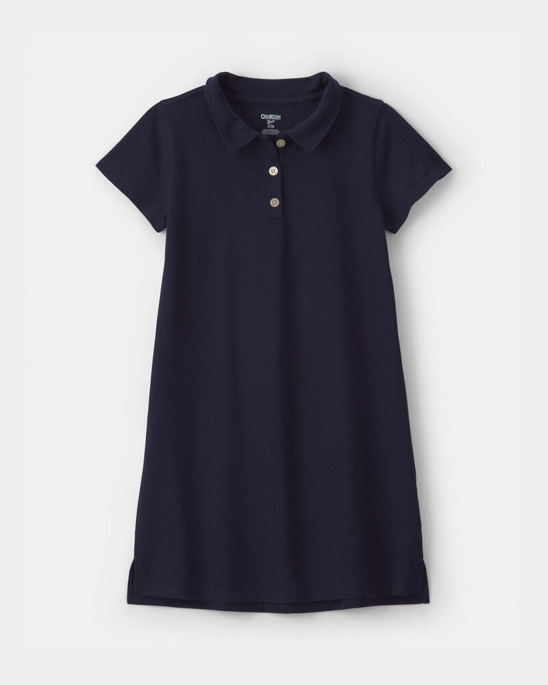 Girls Pique Short-Sleeve Uniform Dress - Navy, image 1 of 4 slides