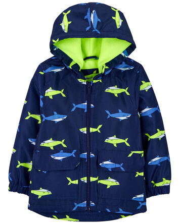 Fleece-Lined Shark Print Rain Jacket, 