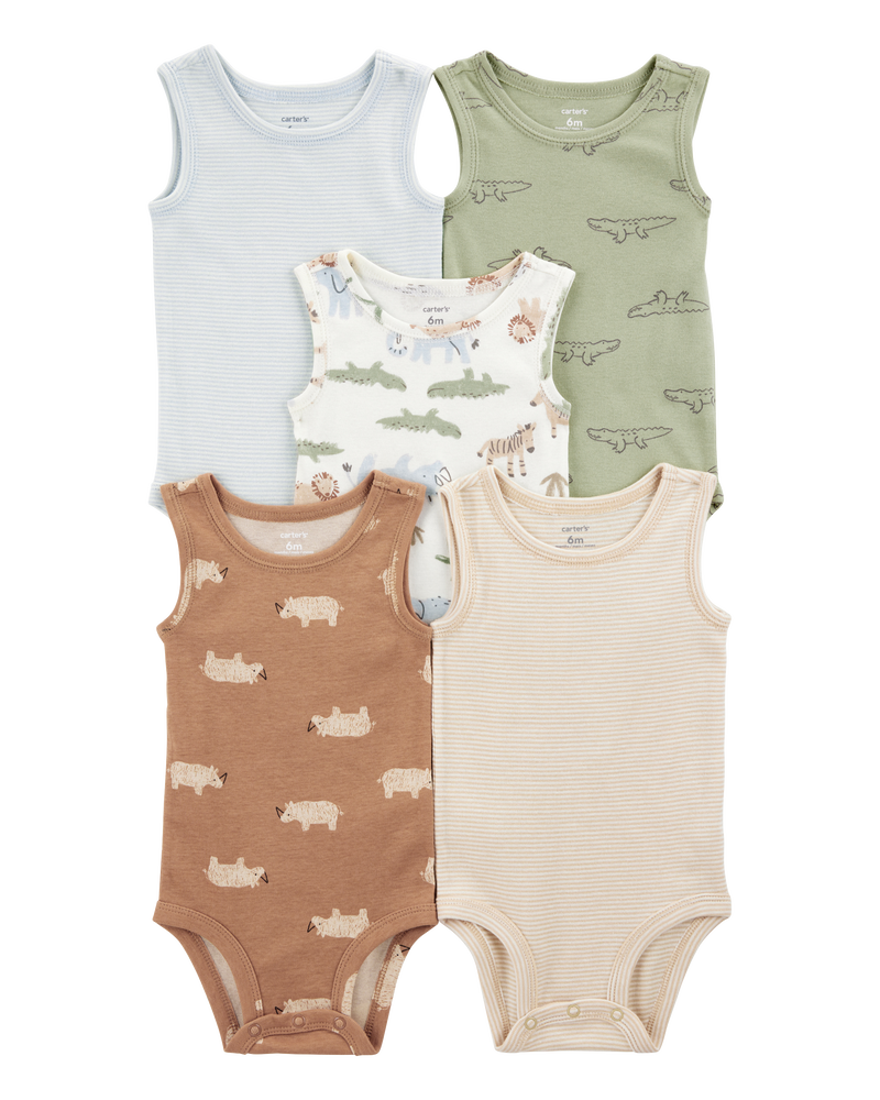 Baby Boy 5-Pack Animals Sleeveless Bodysuits, image 1 of 7 slides