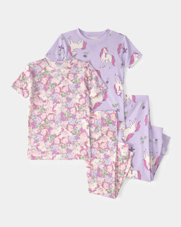 Toddler Girl Unicorn Floral 100% Cotton Snug Fit 4-Piece Pyjama Set - Pink/Purple, 