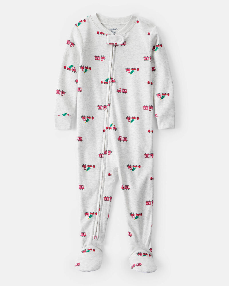 Toddler Boy Train Cotton Long-Sleeve Snug Fit 1-Piece Pyjamas - Grey, image 1 of 3 slides