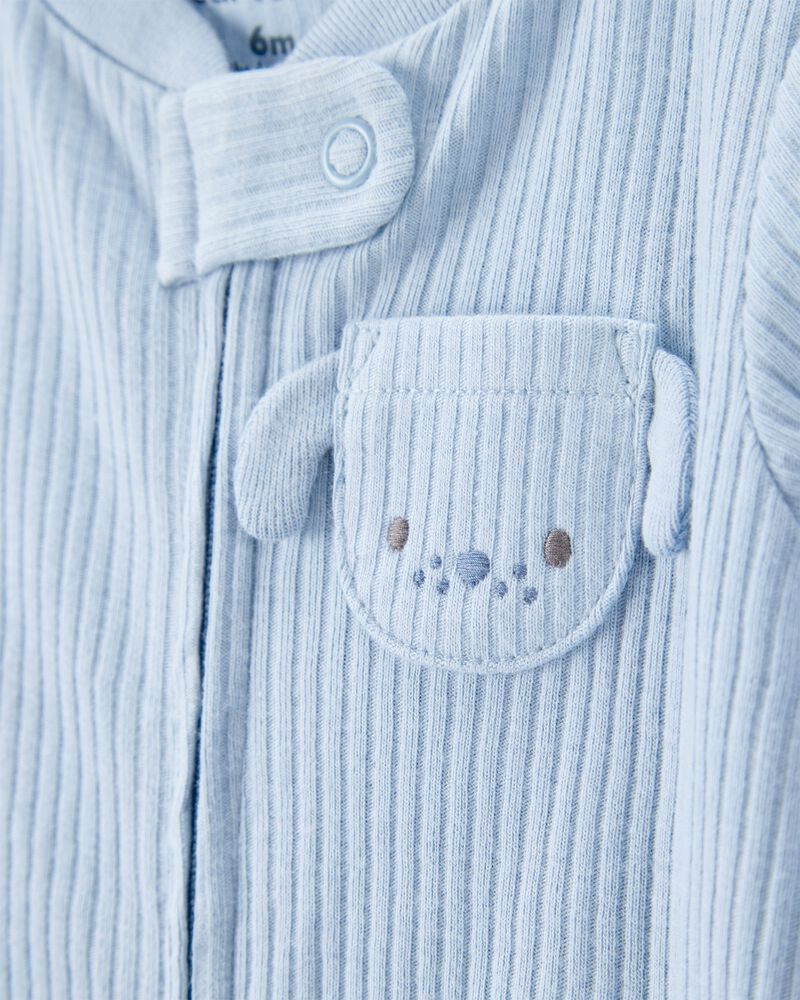 Baby Boy Dog Pocket 2-Way Zip Ribbed Sleeper pyjamas - Blue, image 2 of 5 slides