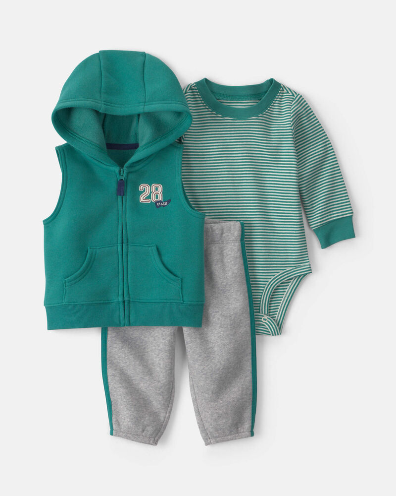 Baby Boy 3-Piece '28' Varsity Hooded Layering Set - Green, image 1 of 7 slides