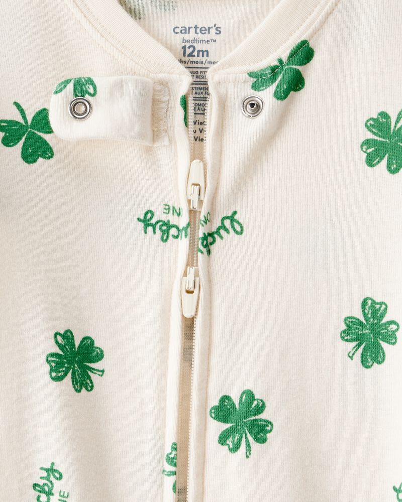Baby St. Patrick's Day 100% Cotton Loose Fit 2-Way Zip Footie 1-Piece Pyjamas - Ivory, image 2 of 4 slides