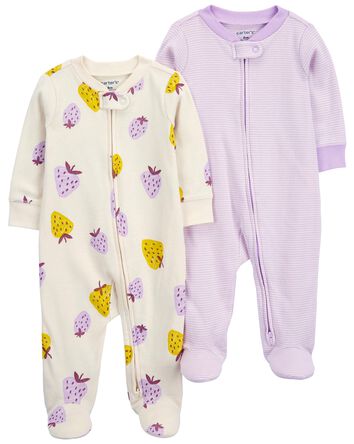 2-Pack Strawberry Zip-Up Cotton Sleeper Pyjamas, 