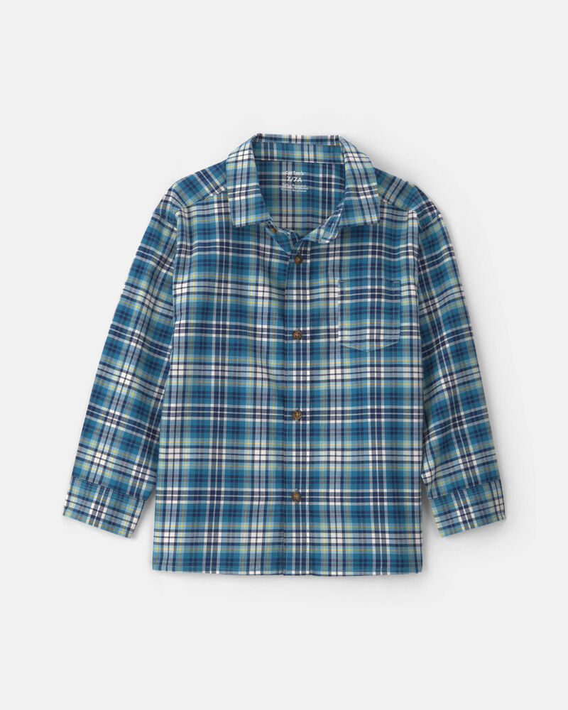 Boys Plaid Long-Sleeve Button-Down Shirt - Blue, image 1 of 3 slides