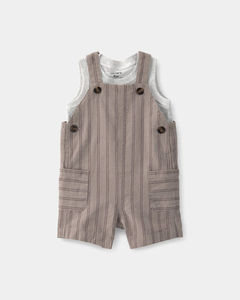 Baby Boy 2-Piece Striped Sleeveless Overall Set - Brown, image 1 of 6 slides