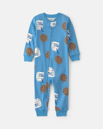 Toddler Boy 1-Piece Milk & Cookies 100% Cotton Snug Fit Pyjama - Blue, 