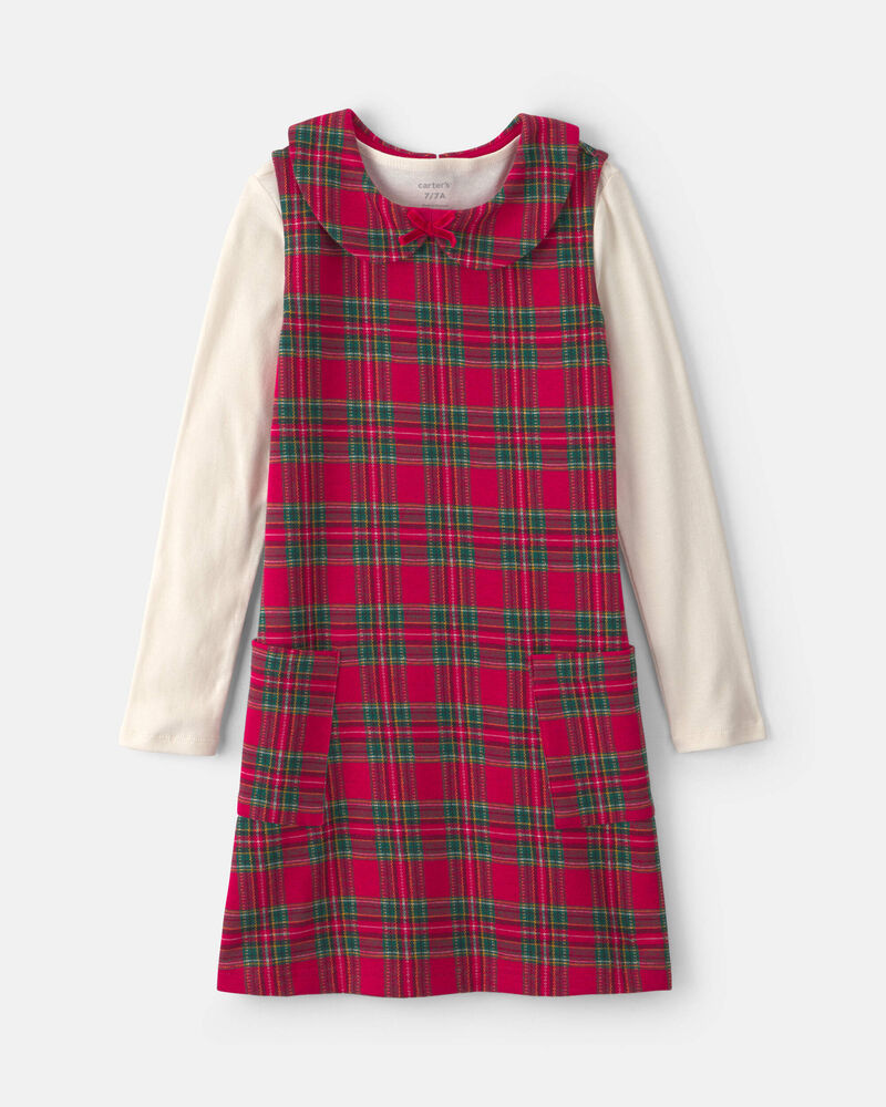 Girls 2-Piece Plaid Cardigan Dress Set - Red/Cream, image 1 of 6 slides