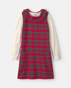 Girls 2-Piece Plaid Cardigan Dress Set - Red/Cream, image 1 of 6 slides