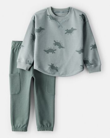 Toddler Boy Dinosaur French Terry Long-Sleeve Tee & Pant Set- Green/Grey, 